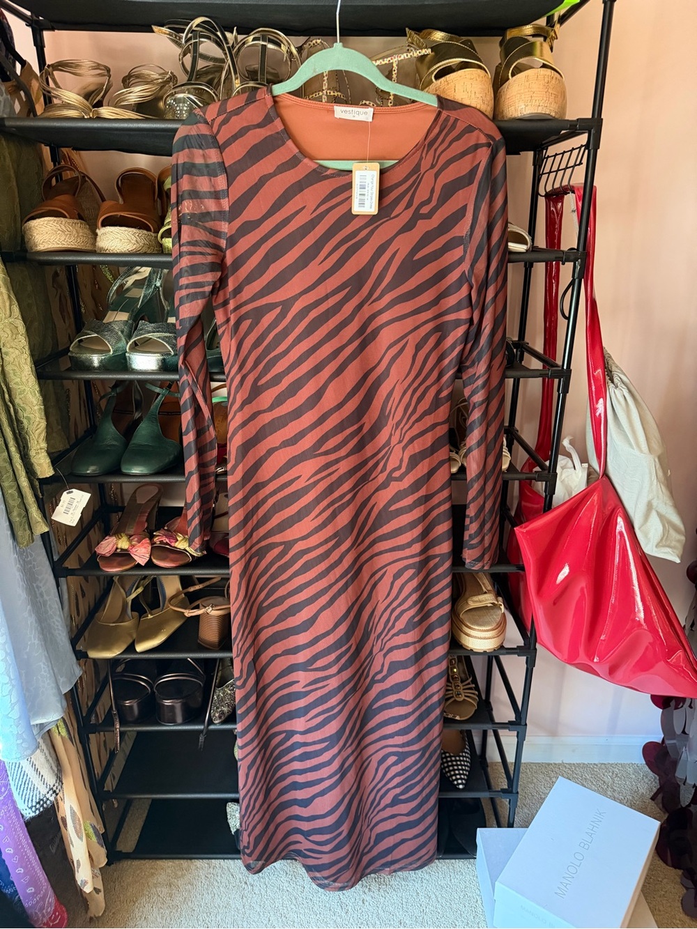 vestique Rust and Black Zebra-Print Long Sleeve Maxi Dress